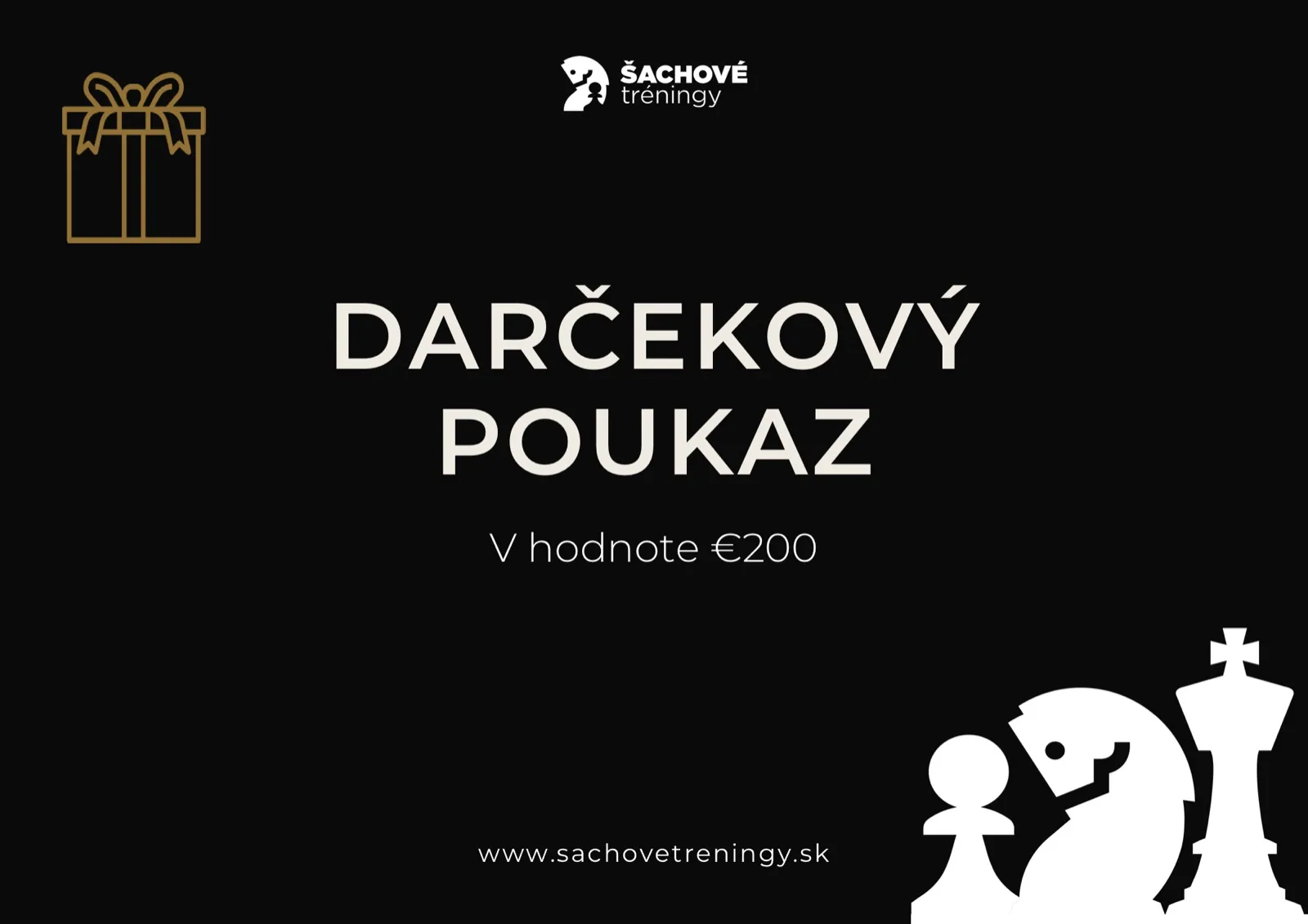 Darčekový poukaz Šachové tréningy — predná strana s hodnotou €200